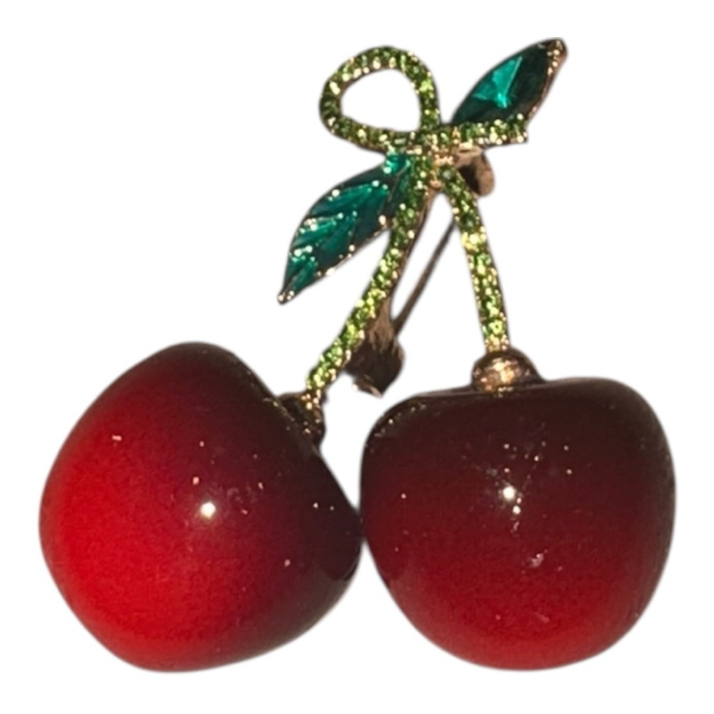 Cherry Brooch Vintage Style Red Lucite Rhinestone Stem Pin J41